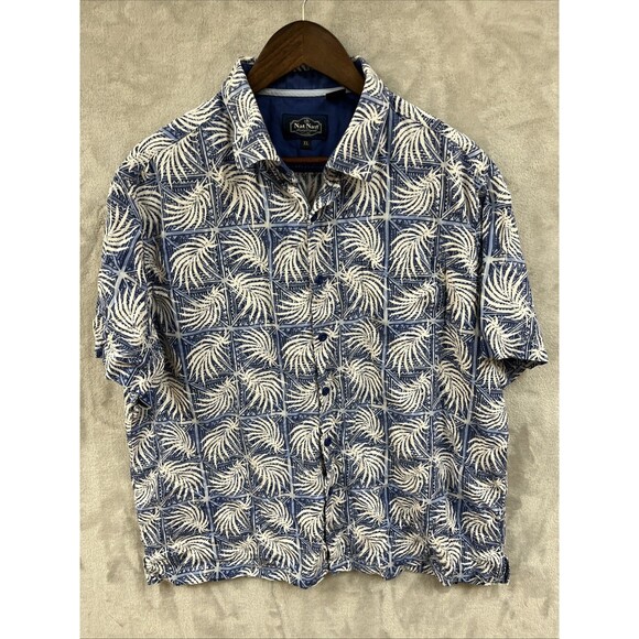 Nat Nast Shirt Men’s XL Blue White Hawaiian Print Button Up Silk Cotton Vacation - Picture 1 of 5